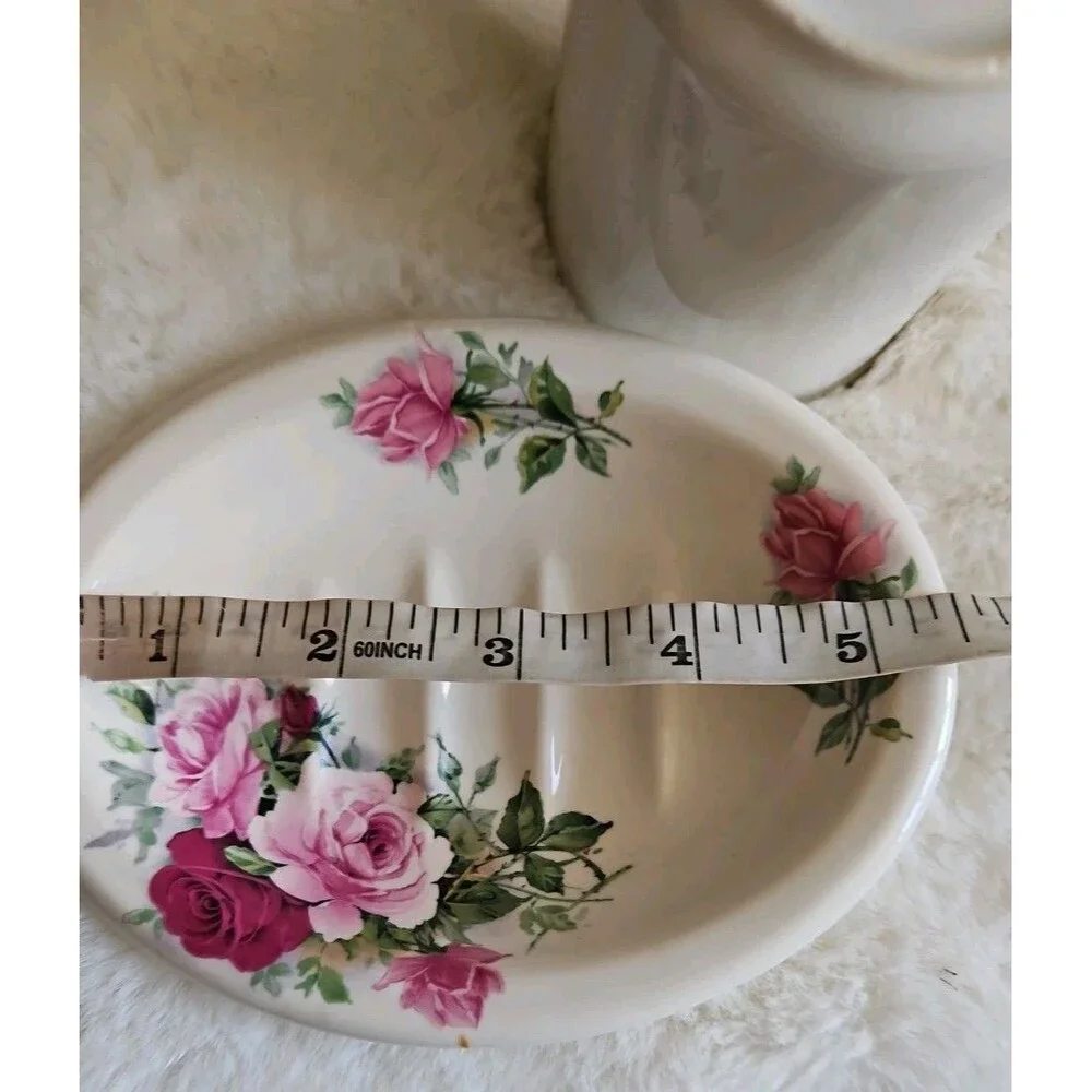 Vintage Crowne Oaks Designs Rose Floral Porcelain Toothbrush Holder & Soap Dish